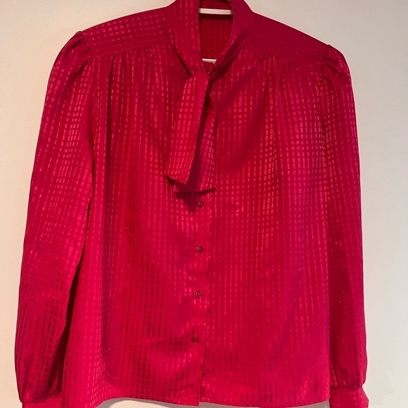 Vintage 80s Hot Pink Barbiecore Bow Tie Blouse St Michael UK Puff Shoulder Sz 14 - Picture 2 of 9